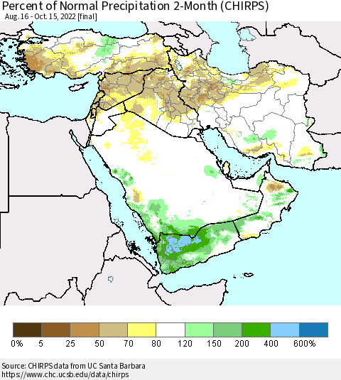 Middle East and Turkey Percent of Normal Precipitation 2-Month (CHIRPS) Thematic Map For 8/16/2022 - 10/15/2022