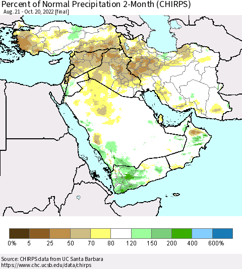 Middle East and Turkey Percent of Normal Precipitation 2-Month (CHIRPS) Thematic Map For 8/21/2022 - 10/20/2022