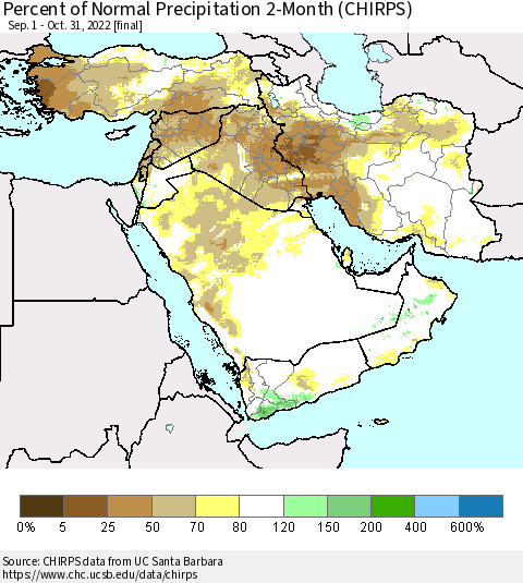 Middle East and Turkey Percent of Normal Precipitation 2-Month (CHIRPS) Thematic Map For 9/1/2022 - 10/31/2022