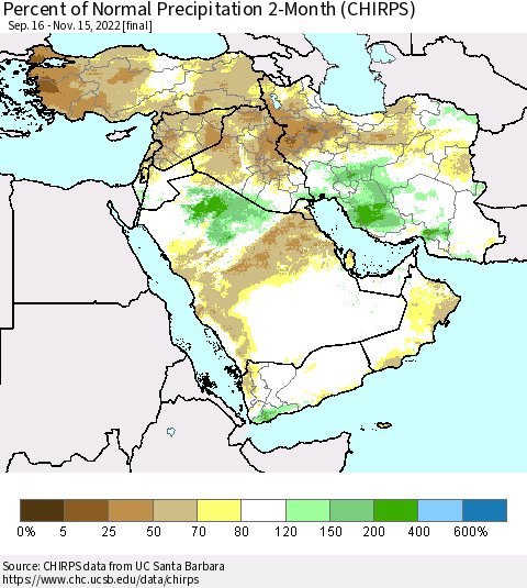 Middle East and Turkey Percent of Normal Precipitation 2-Month (CHIRPS) Thematic Map For 9/16/2022 - 11/15/2022