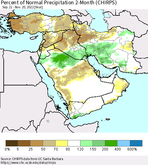 Middle East and Turkey Percent of Normal Precipitation 2-Month (CHIRPS) Thematic Map For 9/21/2022 - 11/20/2022