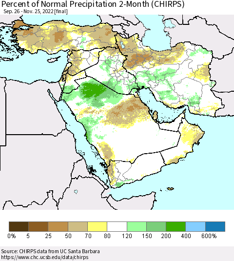 Middle East and Turkey Percent of Normal Precipitation 2-Month (CHIRPS) Thematic Map For 9/26/2022 - 11/25/2022