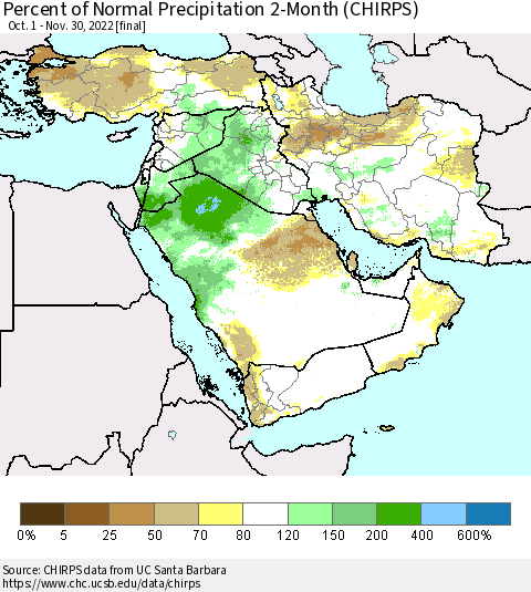 Middle East and Turkey Percent of Normal Precipitation 2-Month (CHIRPS) Thematic Map For 10/1/2022 - 11/30/2022