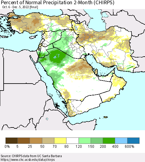 Middle East and Turkey Percent of Normal Precipitation 2-Month (CHIRPS) Thematic Map For 10/6/2022 - 12/5/2022