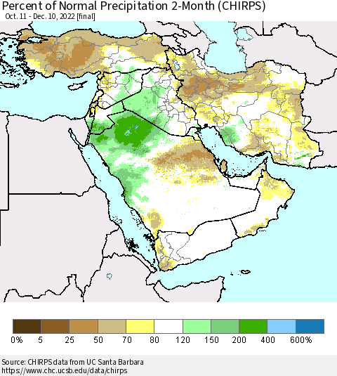 Middle East and Turkey Percent of Normal Precipitation 2-Month (CHIRPS) Thematic Map For 10/11/2022 - 12/10/2022