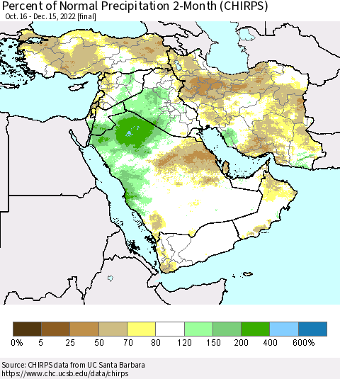 Middle East and Turkey Percent of Normal Precipitation 2-Month (CHIRPS) Thematic Map For 10/16/2022 - 12/15/2022