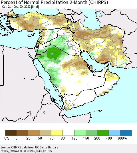 Middle East and Turkey Percent of Normal Precipitation 2-Month (CHIRPS) Thematic Map For 10/21/2022 - 12/20/2022