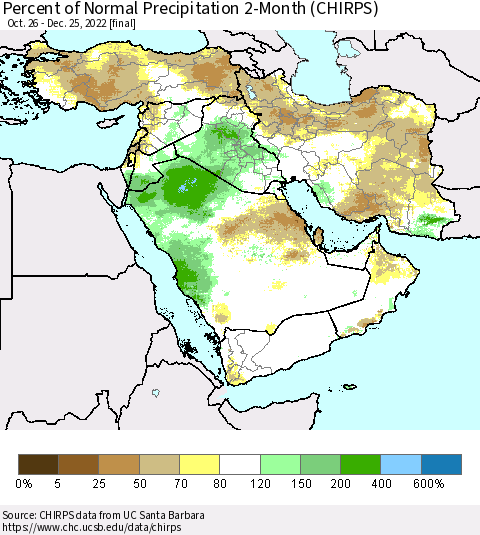 Middle East and Turkey Percent of Normal Precipitation 2-Month (CHIRPS) Thematic Map For 10/26/2022 - 12/25/2022