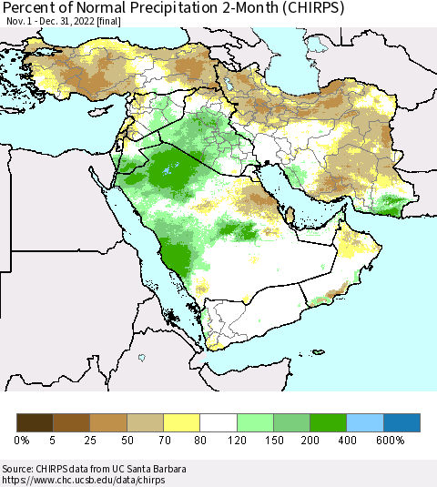 Middle East and Turkey Percent of Normal Precipitation 2-Month (CHIRPS) Thematic Map For 11/1/2022 - 12/31/2022
