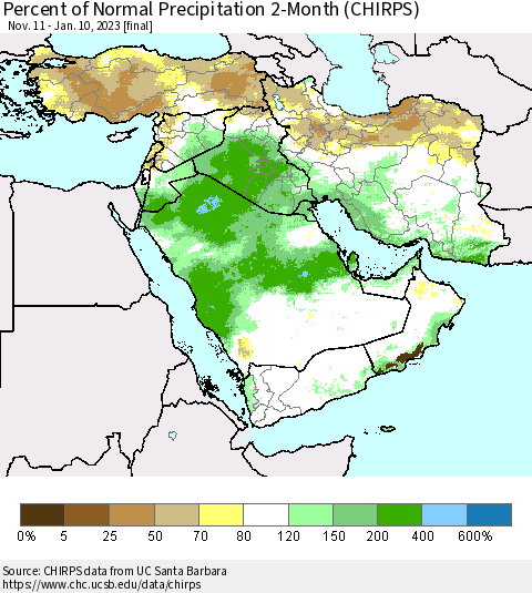 Middle East and Turkey Percent of Normal Precipitation 2-Month (CHIRPS) Thematic Map For 11/11/2022 - 1/10/2023