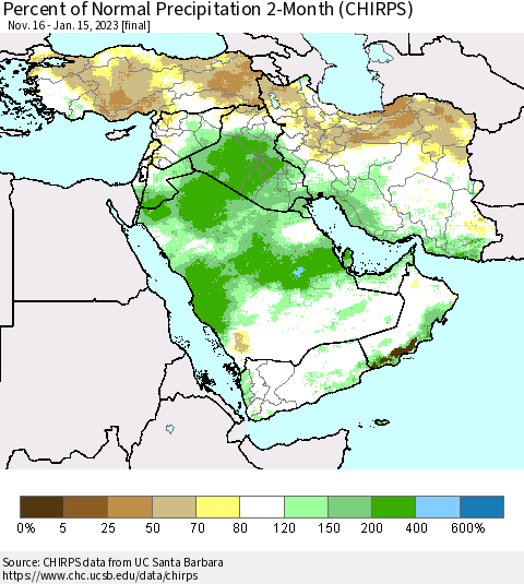 Middle East and Turkey Percent of Normal Precipitation 2-Month (CHIRPS) Thematic Map For 11/16/2022 - 1/15/2023