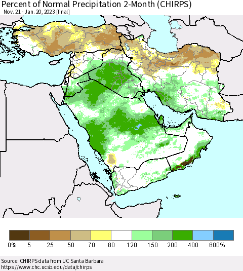 Middle East and Turkey Percent of Normal Precipitation 2-Month (CHIRPS) Thematic Map For 11/21/2022 - 1/20/2023