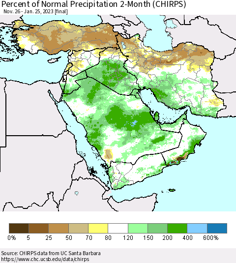 Middle East and Turkey Percent of Normal Precipitation 2-Month (CHIRPS) Thematic Map For 11/26/2022 - 1/25/2023