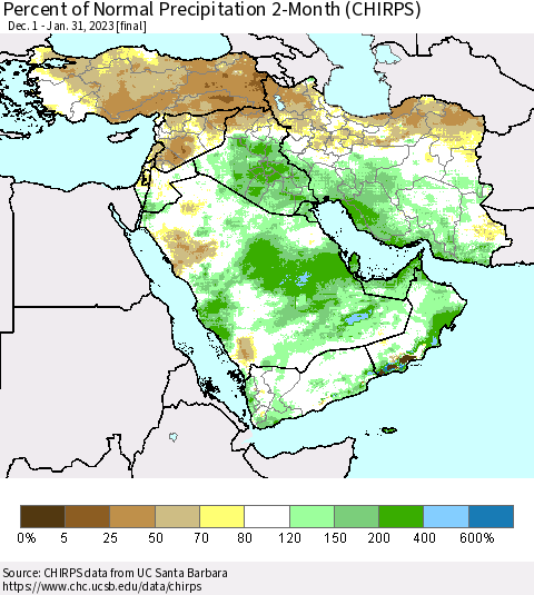 Middle East and Turkey Percent of Normal Precipitation 2-Month (CHIRPS) Thematic Map For 12/1/2022 - 1/31/2023