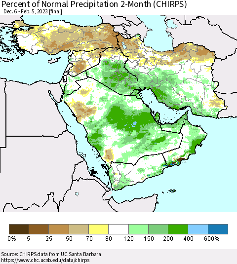 Middle East and Turkey Percent of Normal Precipitation 2-Month (CHIRPS) Thematic Map For 12/6/2022 - 2/5/2023