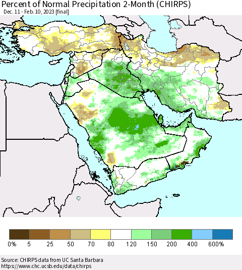 Middle East and Turkey Percent of Normal Precipitation 2-Month (CHIRPS) Thematic Map For 12/11/2022 - 2/10/2023