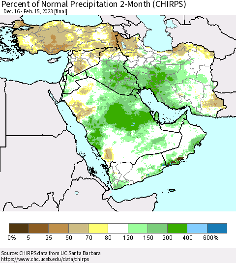 Middle East and Turkey Percent of Normal Precipitation 2-Month (CHIRPS) Thematic Map For 12/16/2022 - 2/15/2023
