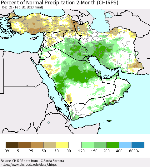 Middle East and Turkey Percent of Normal Precipitation 2-Month (CHIRPS) Thematic Map For 12/21/2022 - 2/20/2023