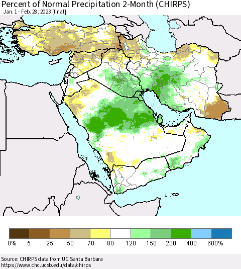 Middle East and Turkey Percent of Normal Precipitation 2-Month (CHIRPS) Thematic Map For 1/1/2023 - 2/28/2023