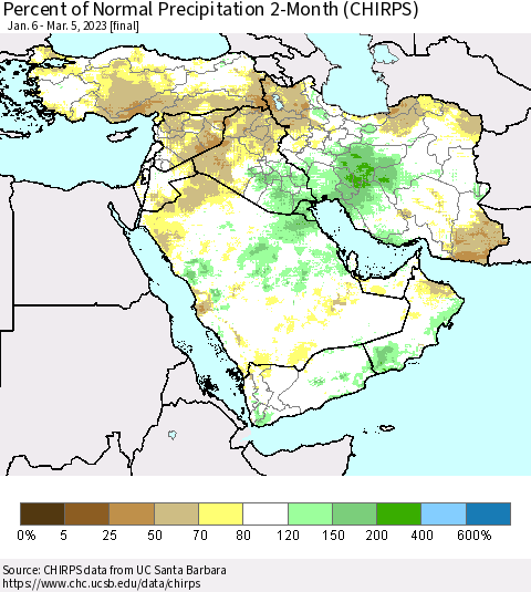 Middle East and Turkey Percent of Normal Precipitation 2-Month (CHIRPS) Thematic Map For 1/6/2023 - 3/5/2023