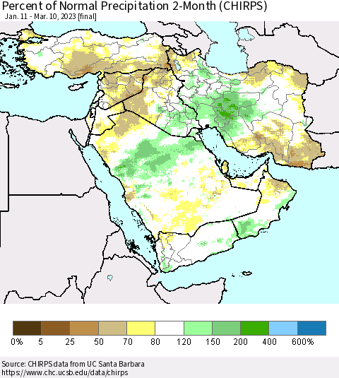 Middle East and Turkey Percent of Normal Precipitation 2-Month (CHIRPS) Thematic Map For 1/11/2023 - 3/10/2023