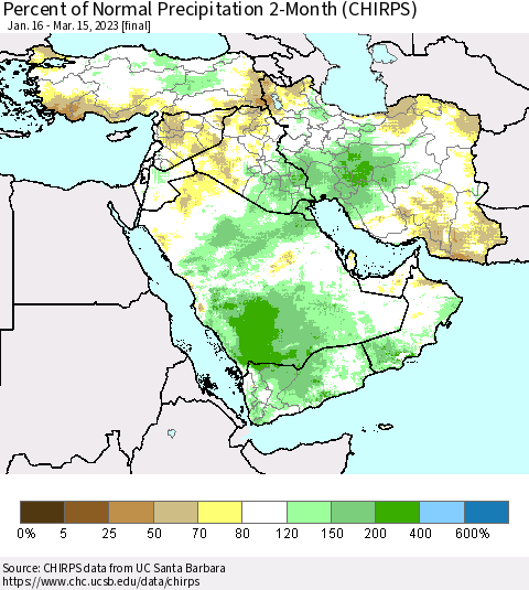 Middle East and Turkey Percent of Normal Precipitation 2-Month (CHIRPS) Thematic Map For 1/16/2023 - 3/15/2023