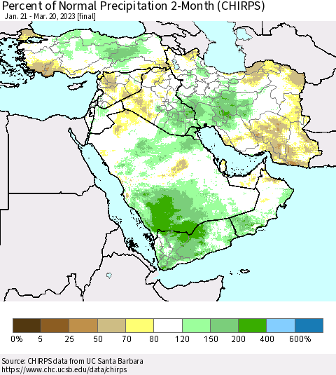 Middle East and Turkey Percent of Normal Precipitation 2-Month (CHIRPS) Thematic Map For 1/21/2023 - 3/20/2023
