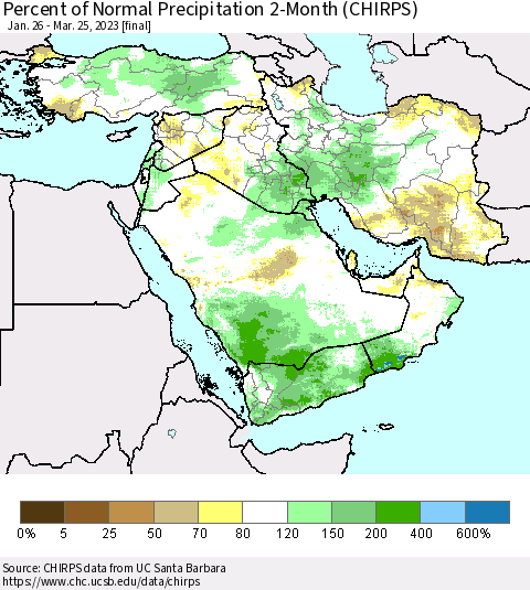 Middle East and Turkey Percent of Normal Precipitation 2-Month (CHIRPS) Thematic Map For 1/26/2023 - 3/25/2023