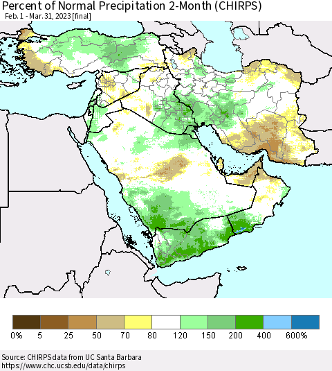 Middle East and Turkey Percent of Normal Precipitation 2-Month (CHIRPS) Thematic Map For 2/1/2023 - 3/31/2023