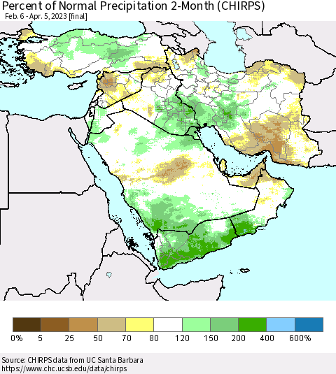 Middle East and Turkey Percent of Normal Precipitation 2-Month (CHIRPS) Thematic Map For 2/6/2023 - 4/5/2023