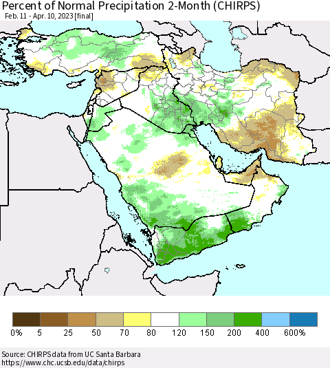 Middle East and Turkey Percent of Normal Precipitation 2-Month (CHIRPS) Thematic Map For 2/11/2023 - 4/10/2023