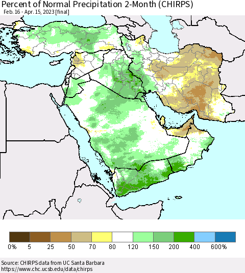 Middle East and Turkey Percent of Normal Precipitation 2-Month (CHIRPS) Thematic Map For 2/16/2023 - 4/15/2023