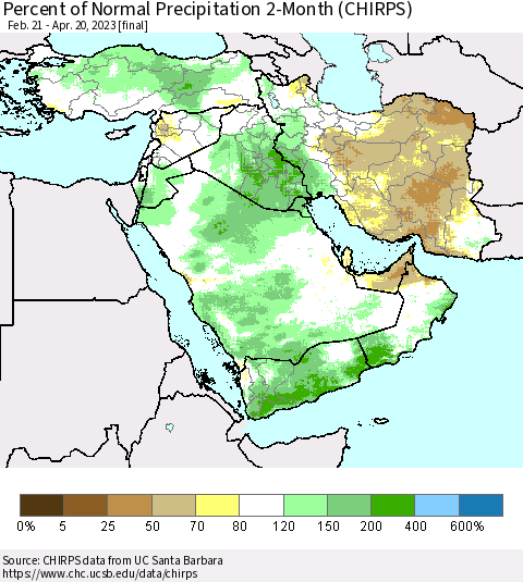 Middle East and Turkey Percent of Normal Precipitation 2-Month (CHIRPS) Thematic Map For 2/21/2023 - 4/20/2023