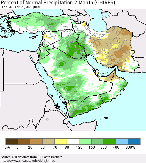 Middle East and Turkey Percent of Normal Precipitation 2-Month (CHIRPS) Thematic Map For 2/26/2023 - 4/25/2023