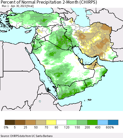 Middle East and Turkey Percent of Normal Precipitation 2-Month (CHIRPS) Thematic Map For 3/1/2023 - 4/30/2023