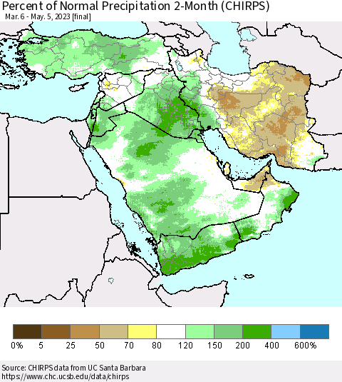 Middle East and Turkey Percent of Normal Precipitation 2-Month (CHIRPS) Thematic Map For 3/6/2023 - 5/5/2023