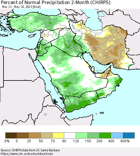 Middle East and Turkey Percent of Normal Precipitation 2-Month (CHIRPS) Thematic Map For 3/11/2023 - 5/10/2023