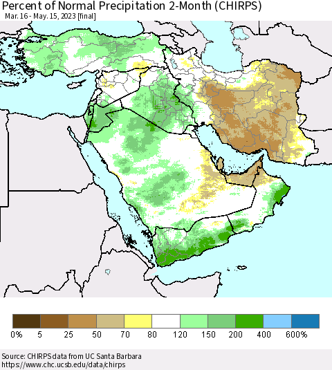Middle East and Turkey Percent of Normal Precipitation 2-Month (CHIRPS) Thematic Map For 3/16/2023 - 5/15/2023