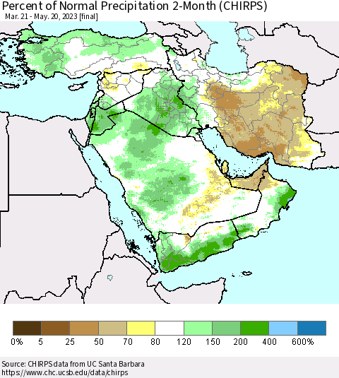 Middle East and Turkey Percent of Normal Precipitation 2-Month (CHIRPS) Thematic Map For 3/21/2023 - 5/20/2023