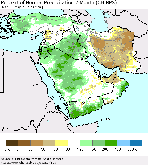 Middle East and Turkey Percent of Normal Precipitation 2-Month (CHIRPS) Thematic Map For 3/26/2023 - 5/25/2023