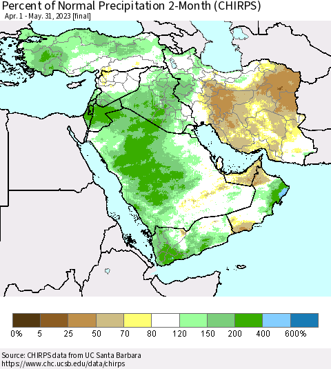 Middle East and Turkey Percent of Normal Precipitation 2-Month (CHIRPS) Thematic Map For 4/1/2023 - 5/31/2023