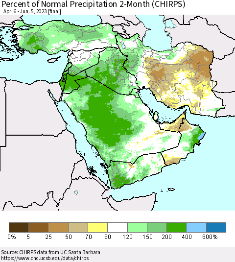 Middle East and Turkey Percent of Normal Precipitation 2-Month (CHIRPS) Thematic Map For 4/6/2023 - 6/5/2023
