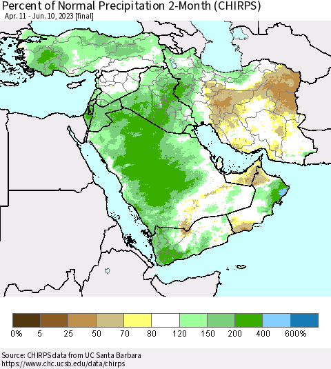 Middle East and Turkey Percent of Normal Precipitation 2-Month (CHIRPS) Thematic Map For 4/11/2023 - 6/10/2023