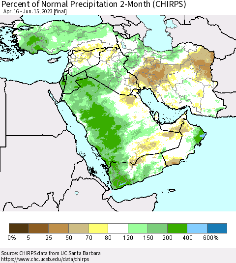 Middle East and Turkey Percent of Normal Precipitation 2-Month (CHIRPS) Thematic Map For 4/16/2023 - 6/15/2023