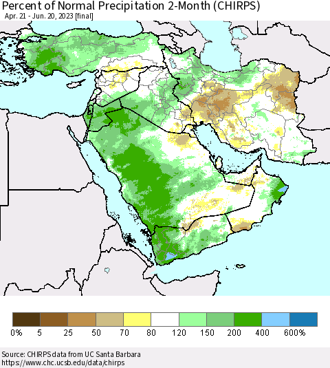 Middle East and Turkey Percent of Normal Precipitation 2-Month (CHIRPS) Thematic Map For 4/21/2023 - 6/20/2023