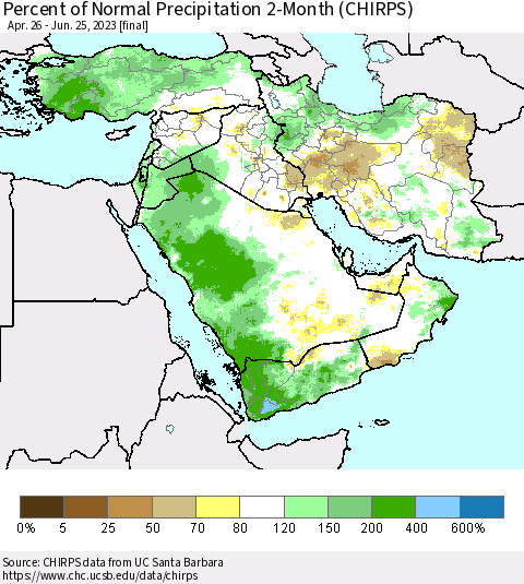 Middle East and Turkey Percent of Normal Precipitation 2-Month (CHIRPS) Thematic Map For 4/26/2023 - 6/25/2023