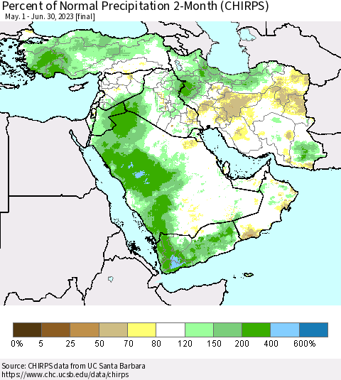 Middle East and Turkey Percent of Normal Precipitation 2-Month (CHIRPS) Thematic Map For 5/1/2023 - 6/30/2023