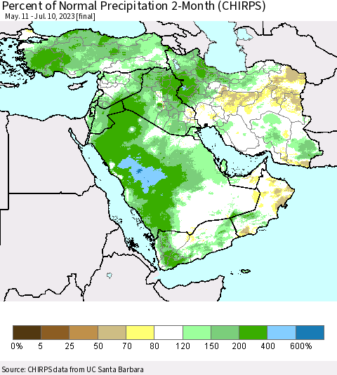 Middle East and Turkey Percent of Normal Precipitation 2-Month (CHIRPS) Thematic Map For 5/11/2023 - 7/10/2023