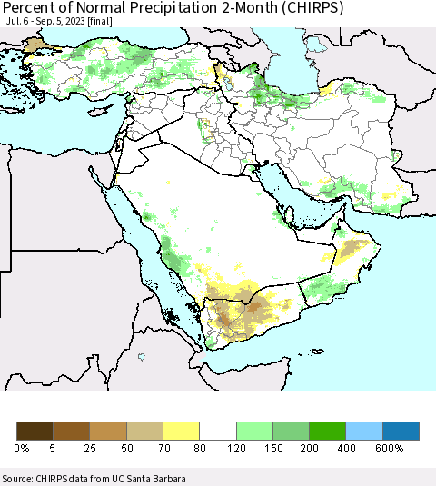Middle East and Turkey Percent of Normal Precipitation 2-Month (CHIRPS) Thematic Map For 7/6/2023 - 9/5/2023