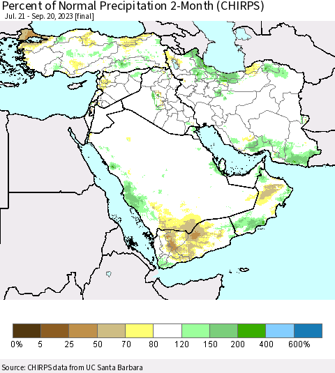 Middle East and Turkey Percent of Normal Precipitation 2-Month (CHIRPS) Thematic Map For 7/21/2023 - 9/20/2023